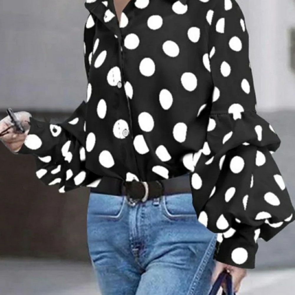 Polka Dots Shift Long Sleeve Shirt Collar Top